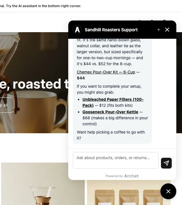 The real Sandhill Roasters storefront widget recommending the Chemex Pour-Over Kit 6-Cup at $44 with a product link and add-on suggestions